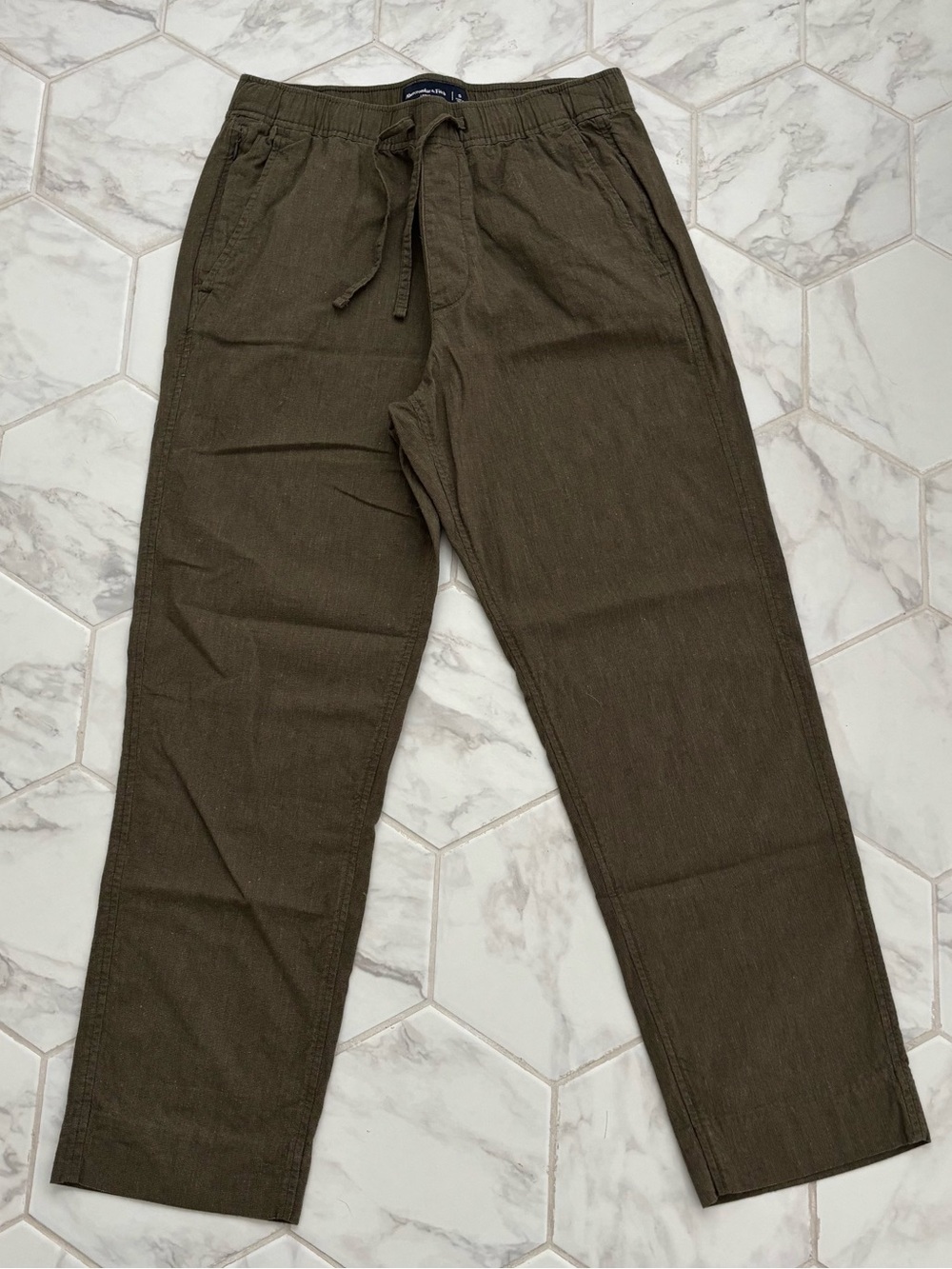 Abercrombie Men's Olive Linen-Blend Relaxed Pull-On Pant